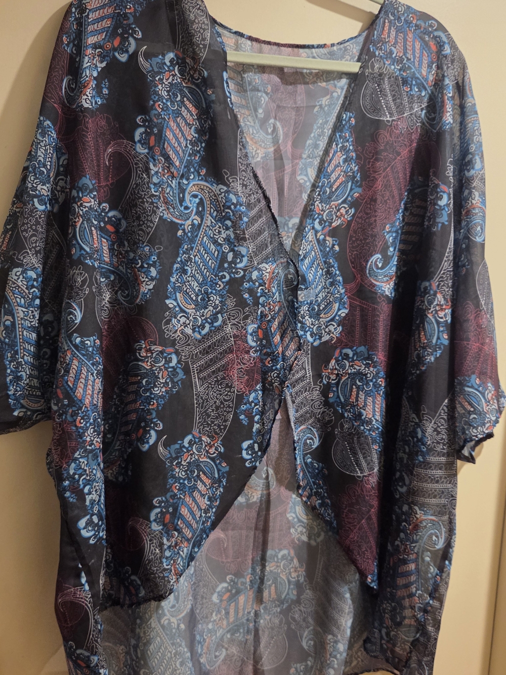 Versatile Printed Open-Front Women's Top - Blue, Deep Red & Black Paisley
